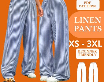 Linen Wide Leg Pants Sewing Pattern, Relaxed Fit Trousers (PDF Download)