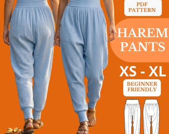 Patrón de costura en PDF para pantalones harem, pantalones de yoga holgados, pantalones de punto para principiantes (tallas XS-XL).