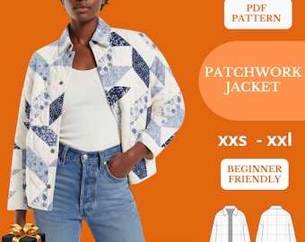 May include: A quilted patchwork jacket in cream, white, and navy blue, featuring a geometric pattern. The jacket is worn over a white top and blue jeans. Text on the image reads "Patchwork Jacket", "Instant Download", "PDF Pattern", "xxs - xxl", and "Beginner Friendly".
