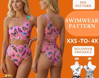 Patrón de costura en PDF para traje de baño de un solo hombro, monokini asimétrico, traje de baño de corte alto, traje de baño para mujer.