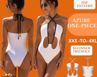 Patrón de costura en PDF para traje de baño de una pieza, patrón de monokini recortable, traje de baño con cuello halter, tallas XXS-4XL