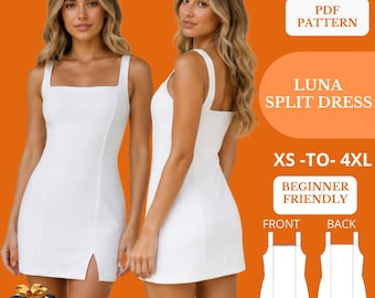 Square Neck Mini Dress Sewing Pattern, Bodycon Fit, Front Slit, Sizes XS-4XL (PDF Download)