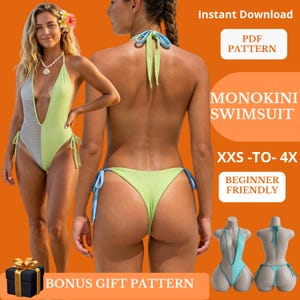 Pode incluir: Um molde PDF de fato de banho monokini em verde claro e cinzento com laços laterais. O design inclui um decote em V profundo, um painel de rede e um laço no pescoço. Texto: Instant Download, PDF Pattern, Monokini Swimsuit, XXS-TO-4X, Beginner Friendly, Bonus Gift Pattern.