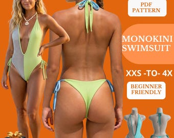 Patrón de costura de traje de baño monokini en PDF, patrón de traje de baño de una pieza con escote pronunciado, traje de baño sin espalda con cuello halter.