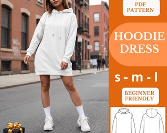 Modello di cucito per abito con cappuccio in PDF / maglione per donna / modello stampabile adatto ai principianti, stile casual comodo