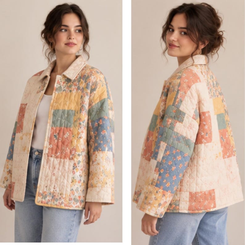 May include: A quilted jacket featuring a patchwork design with various floral patterns in muted shades of yellow, blue, orange, and cream. The jacket has a classic collar, long sleeves, and a straight hemline, constructed with a diamond-stitched pattern.