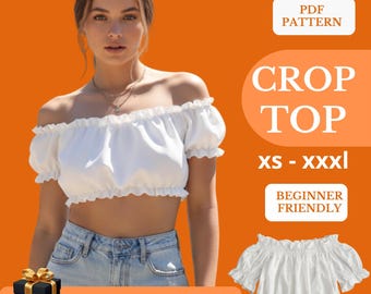 Patrón de costura PDF para top corto / Ropa de verano / Blusa con volantes / Tallas XS-3XL