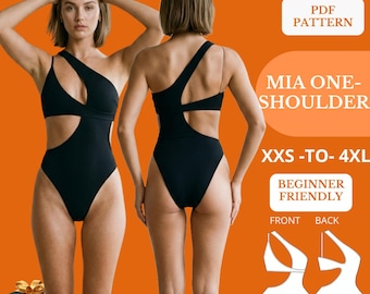Patrón de costura para monokini de un solo hombro, traje de baño recortado, traje de baño de una pieza, traje de baño DIY