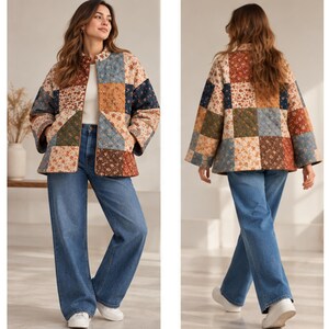 May include: A quilted jacket featuring a patchwork design with various floral patterns in shades of blue, brown, cream, and green. The jacket has a mandarin collar, long sleeves, and a front opening, paired with blue denim jeans and white sneakers.