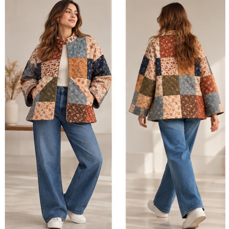 May include: A quilted jacket featuring a patchwork design with various floral patterns in shades of blue, brown, cream, and green. The jacket has a mandarin collar, long sleeves, and a front opening, paired with blue denim jeans and white sneakers.