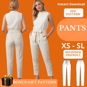 May include: Two women modeling a cream-colored pantsuit. The outfit includes a sleeveless top and high-waisted pants with a tie belt. Text on the image reads "Pants", "XS-SL", "Beginner Friendly", and "Bonus Gift Pattern".