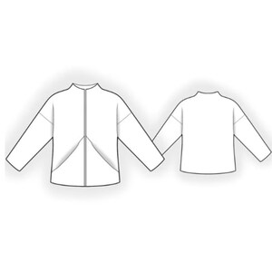 May include: A black and white line drawing of a long-sleeved jacket. The front view shows a center zipper closure and two angled pockets. The back view shows a plain design with a high neckline and long sleeves, illustrating the garment structure.