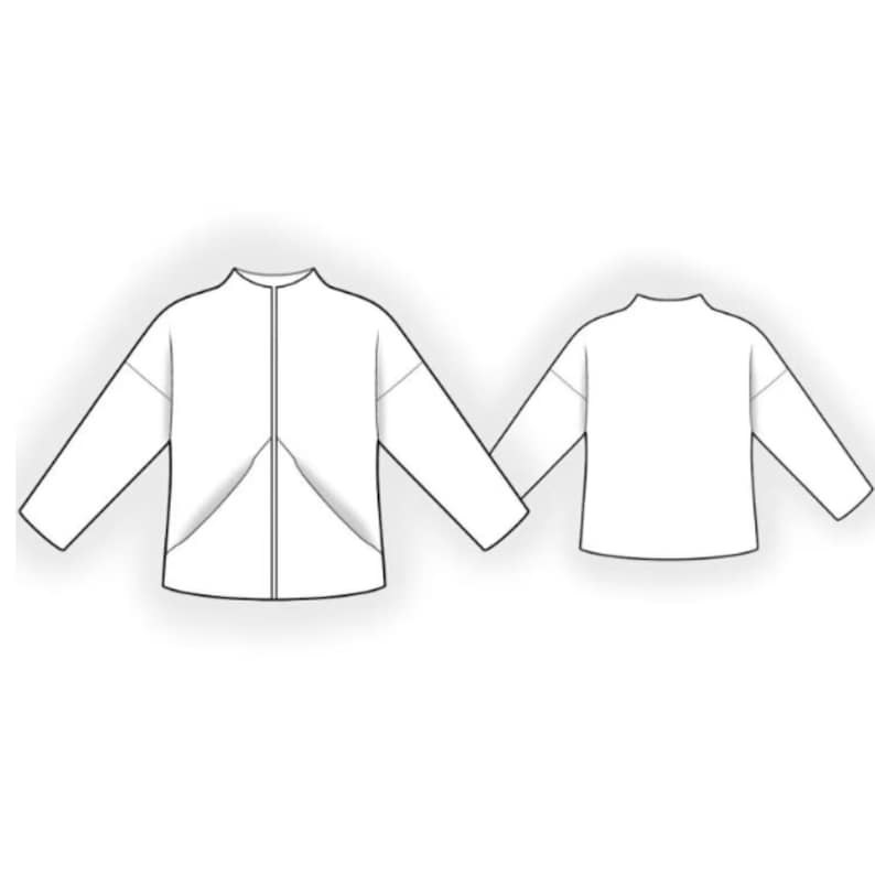 May include: A black and white line drawing of a long-sleeved jacket. The front view shows a center zipper closure and two angled pockets. The back view shows a plain design with a high neckline and long sleeves, illustrating the garment structure.