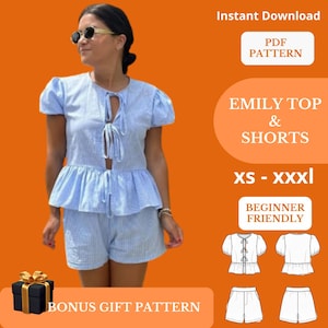 May include: A light blue and white striped top and shorts set. The top has short, puffed sleeves and a tie closure. The shorts match the top's pattern. The image includes text that says "EMILY TOP & SHORTS" and "BEGINNER FRIENDLY".