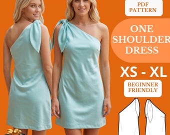 Patrón de costura en PDF para vestido de un solo hombro, conjunto de verano con tirantes anudados, lazo en la espalda, ropa para hacer tú mismo.