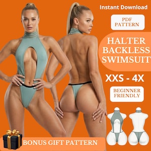 May include: A sage green halter backless swimsuit with a high-neck collar and a cutout front design. The text reads: Instant Download, PDF PATTERN, HALTER BACKLESS SWIMSUIT, XXS - 4X, BEGINNER FRIENDLY, BONUS GIFT PATTERN.