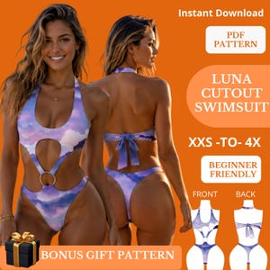 Puede incluir: Un patrón de costura digital en PDF para el traje de baño Luna Cutout, que presenta una pieza con estampado de nubes, abertura frontal, detalle de anillo metálico y cierre de lazo en la espalda. Incluye vistas frontal y trasera para tallas XXS a 4X.