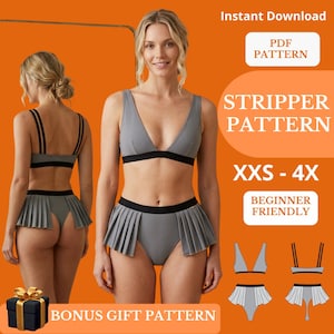 Puede incluir: Conjunto de lencería gris con diseño de falda plisada, ribete negro y top con cuello en V. La imagen incluye el texto "Stripper Pattern" y "XXS - 4X". También se incluye un patrón de regalo adicional.
