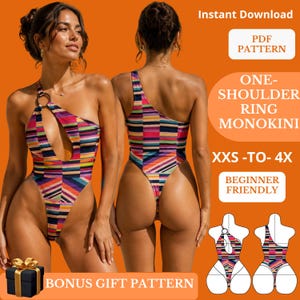 Può includere: Un monokini monospalla con un motivo a righe orizzontali multicolori e un dettaglio ad anello circolare sulla spalla. Il testo recita: Instant Download, PDF PATTERN, ONE-SHOULDER RING MONOKINI, XXS-TO-4X, BEGINNER FRIENDLY, BONUS GIFT PATTERN.