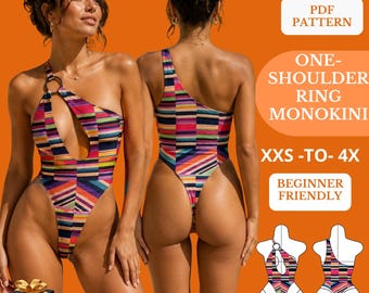 One Shoulder Ring Monokini Sewing Pattern, Cut Out Swimsuit, High Cut Thong Swimwear, XXS-4XL