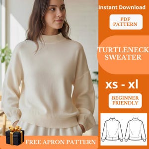 Könnte beinhalten: Eine Frau trägt einen cremefarbenen Rollkragenpullover. Das Bild enthält den Text "Sofort-Download PDF-Muster", "Turtleneck Sweater", "XS - XL" und "Anfängerfreundlich". Eine Geschenkbox mit goldener Schleife befindet sich in der unteren linken Ecke.