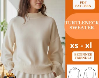 Modello di cucito per maglione a collo alto in PDF - Pullover lavorato a maglia da donna con polsini e cintura - Taglie dalla XS alla XL