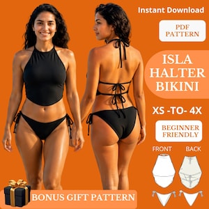 May include: A black halter bikini set featuring a high-neck top and tie-side bottoms. The text reads: Instant Download, PDF PATTERN, ISLA HALTER BIKINI, XS-TO-4X, BEGINNER FRIENDLY, BONUS GIFT PATTERN. Includes front and back technical line drawings.