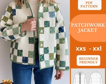 Molde em PDF para jaqueta patchwork – Molde para casaco floral acolchoado – Estilo Cottagecore – Tutorial fácil para iniciantes