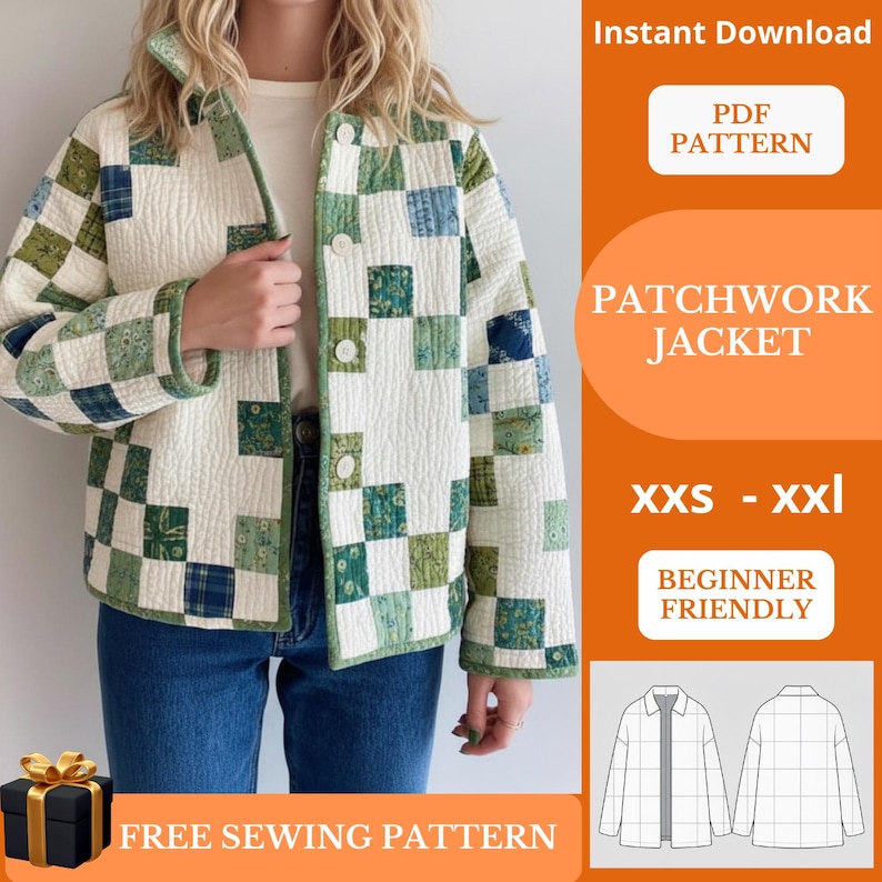 Patchwork Jacket Sewing Pattern PDF – Quilted Floral Coat Pattern – Cottagecore – Easy Beginner Friendly Tutorial image 1