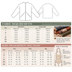 May include: A sewing pattern guide featuring a line drawing of a jacket, a fabric requirements table with measurements in meters and yards, and a body measurement size chart with dimensions in inches and centimeters for sizes S through 3XL.