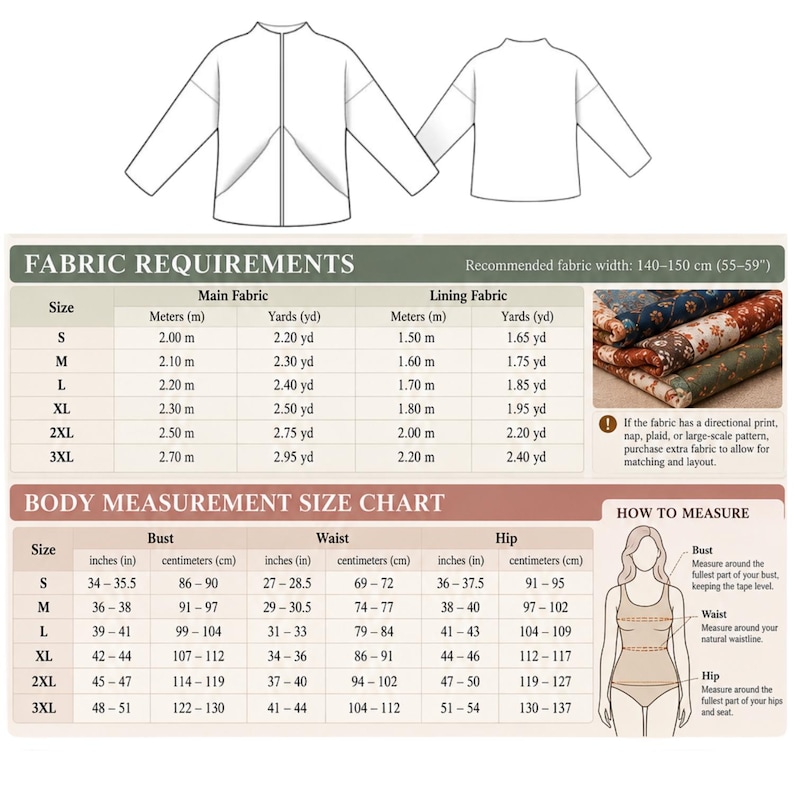 May include: A sewing pattern guide featuring a line drawing of a jacket, a fabric requirements table with measurements in meters and yards, and a body measurement size chart with dimensions in inches and centimeters for sizes S through 3XL.