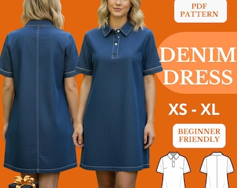 Naaipatroon denim polojurk | A-lijn zomeroutfit | Knoopsluiting kraagontwerp | XS–XL