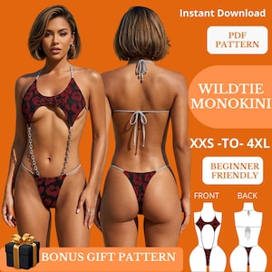 Könnte beinhalten: Ein Wildtie Monokini PDF-Schnittmuster mit schwarz-rotem Leopardenmuster. Der Monokini hat einen Neckholder, seitliche Kettenverbindungen und einen Verschluss zum Binden. Der Text enthält Instant Download, PDF Pattern, Wildtie Monokini, XXS-to-4XL, Beginner Friendly, Front, Back und Bonus Gift Pattern.