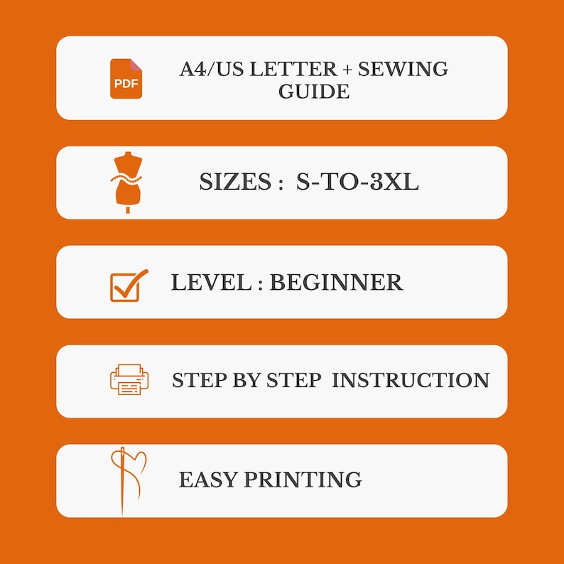 May include: A digital sewing pattern information graphic on an orange background with five white horizontal bars. Text includes A4/US LETTER + SEWING GUIDE, SIZES: S-TO-3XL, LEVEL: BEGINNER, STEP BY STEP INSTRUCTION, and EASY PRINTING with icons.