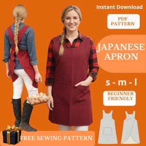 May include: A woman wearing a burgundy Japanese apron with a pocket, and the text "JAPANESE APRON". The image also includes the text "PDF PATTERN", "s-m-l", and "BEGINNER FRIENDLY". The apron is a free sewing pattern.