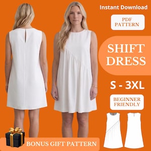 May include: White shift dress pattern with a diagonal pleated design. The image shows the front and back views of the dress, along with the text "SHIFT DRESS" and "S - 3XL". The pattern is labeled as "BEGINNER FRIENDLY".