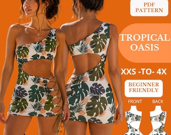 One Shoulder Monokini Sewing Pattern PDF, Cut Out Swimsuit Pattern, Lace Up Side Swimwear