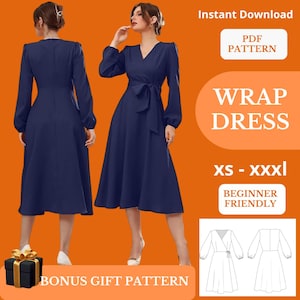 Peut inclure: Robe portefeuille bleu marine à manches longues et taille nouée. L'image comprend le texte "WRAP DRESS", "xs - xxxl" et "BEGINNER FRIENDLY". Un patron cadeau bonus est également inclus.