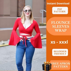 Flounce Sleeve Wrap Top Sewing Pattern | Bell Sleeve Crop  | Beginner Friendly Blouse | Digital product
