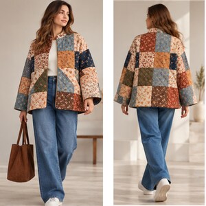 May include: A quilted jacket featuring a patchwork design with various floral patterns in shades of blue, brown, cream, and green. The jacket has a mandarin collar, long sleeves, and a straight hem, worn over a white top and blue denim jeans.
