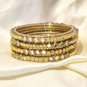 Gold Mirror Work Glass Bangles Set | Kundan Style Ethnic Wedding Jewelry | Indian Bridal Bangles | Handmade Gift for Women