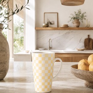 Yellow Checkered Ceramic Latte Mug, 17oz Vintage Anthropologie-Style Coffee Cup image 2