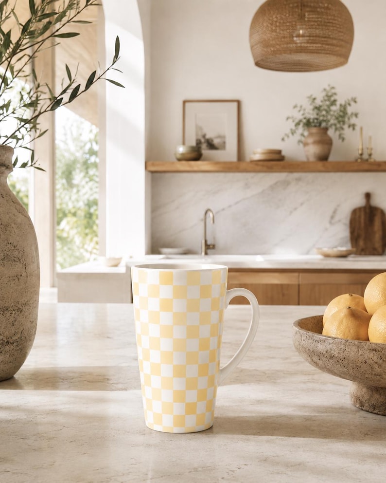 Yellow Checkered Ceramic Latte Mug, 17oz Vintage Anthropologie-Style Coffee Cup image 2