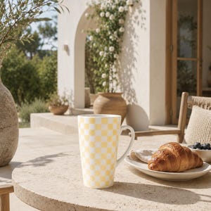 Yellow Checkered Ceramic Latte Mug, 17oz Vintage Anthropologie-Style Coffee Cup image 1