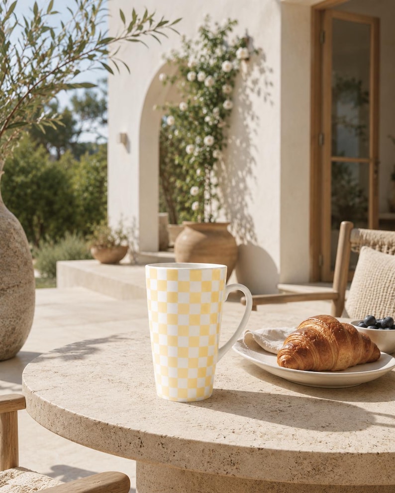 Yellow Checkered Ceramic Latte Mug, 17oz Vintage Anthropologie-Style Coffee Cup image 1