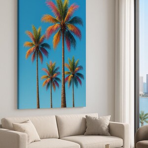 Colorful Palm Tree Canvas Wall Art, Tropical Painting Print, Vibrant Rainbow Palm Trees, Summer Beach Home Decor, Coastal Boho Wall Art