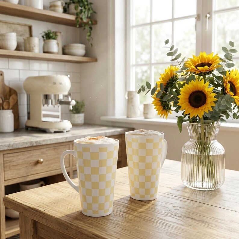 May include: Two tall, yellow and white checkered mugs filled with coffee sit on a wooden table. A bouquet of sunflowers in a clear glass vase is next to the mugs. A cream-colored espresso machine is in the background.