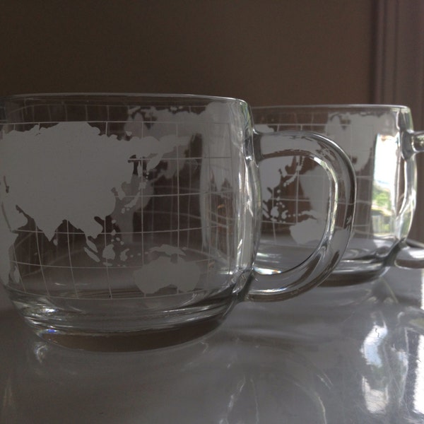 Vintage Nescafé Nestlé Mug World Globe Etched Glass Coffee Tea Cup