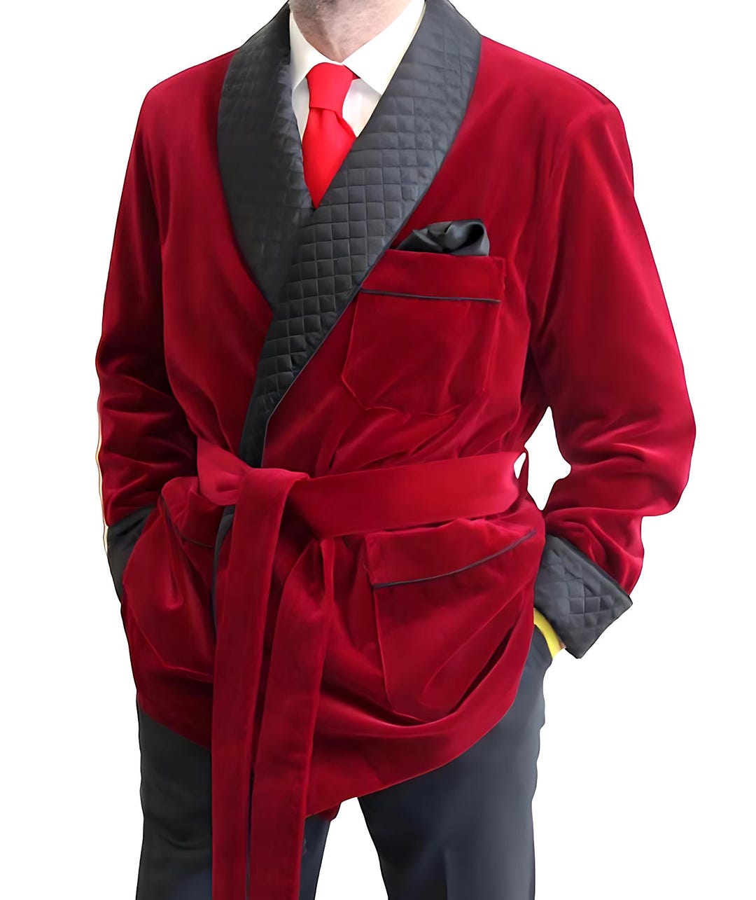 Men's Smoking Robe Luxury Men’s Red Velvet Quilted Smoking Jacket Robe With Black Satin ...