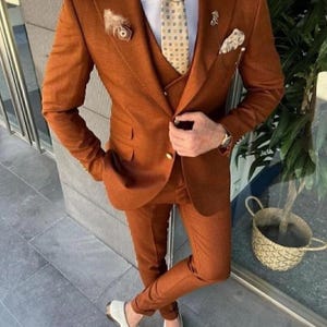 Noah Men’s Rustic Orange 3-Piece Suit – Peak Lapel | Business Formal Elegance | Wedding Party Suit For Men